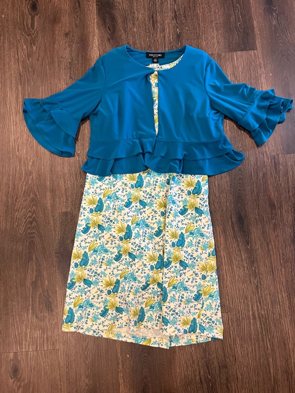 White Stag Teal Floral Dress with Ruffled Teal Jacket